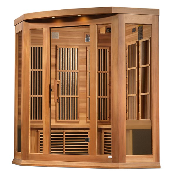The Maxxus Saunas "Chaumont Edition" wooden infrared sauna features glass doors and is designed to provide a soothing FAR infrared experience with near zero EMF exposure.