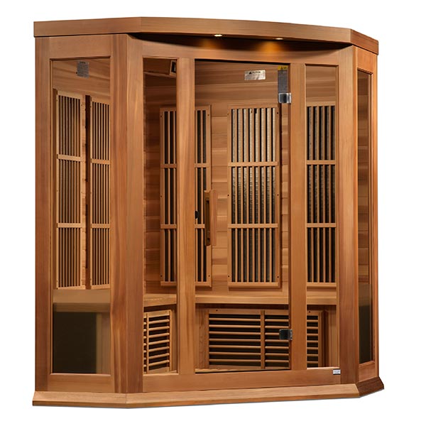 A Maxxus Saunas "Chaumont Edition" FAR infrared sauna with doors and windows, designed for a near Zero EMF experience.