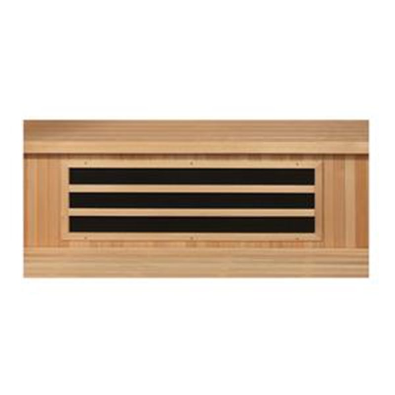 A Dynamic Santiago 2-Person Low EMF Far Infrared Sauna with health benefits and black stripe accent.