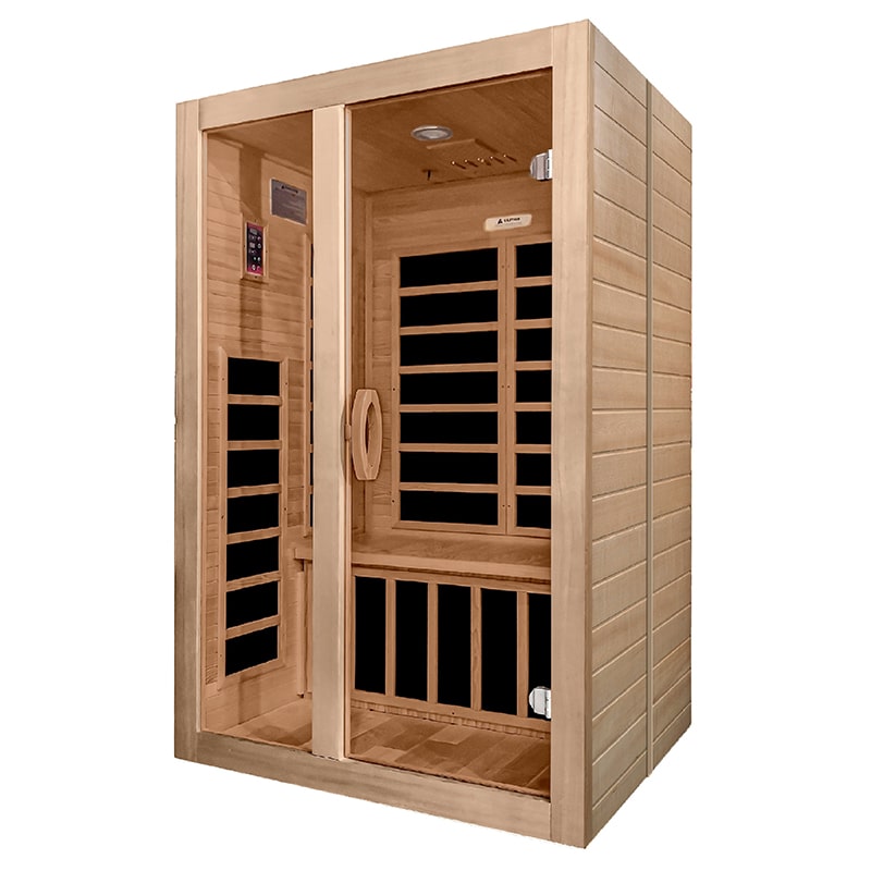A Dynamic Saunas Santiago 2-Person Low EMF Far Infrared Sauna, perfect for health clubs and infrared therapy.