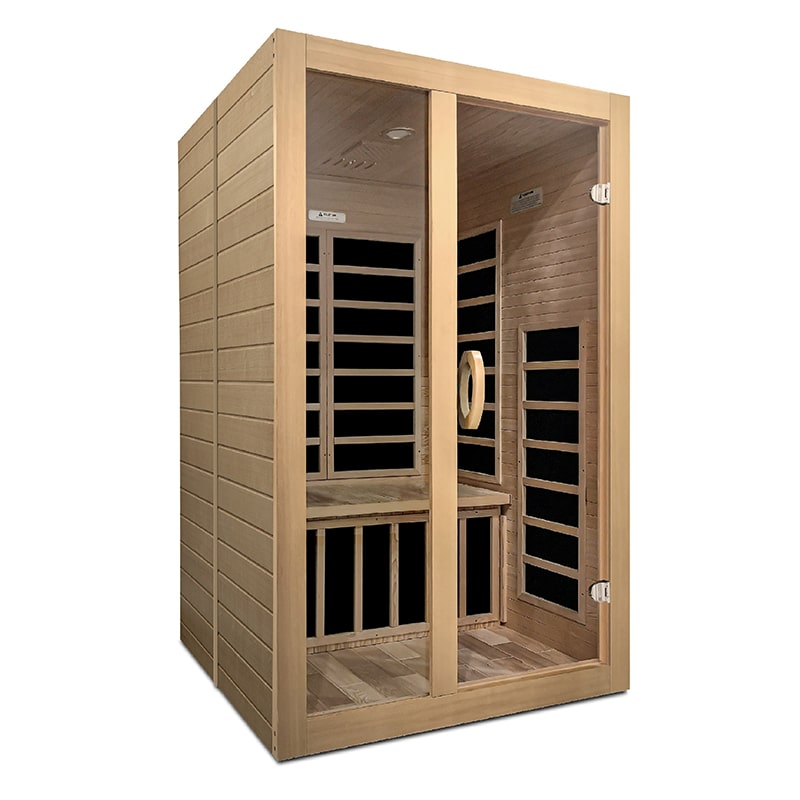 A health club offers a Dynamic Santiago 2-Person Low EMF Far Infrared Sauna equipped with two doors as part of its infrared therapy options for optimal relaxation and rejuvenation.