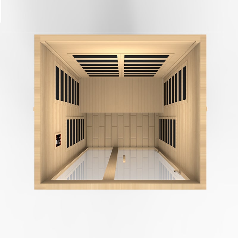 A Dynamic Santiago 2-Person Low EMF Far Infrared Sauna, popular in health clubs, housed in a wooden box.