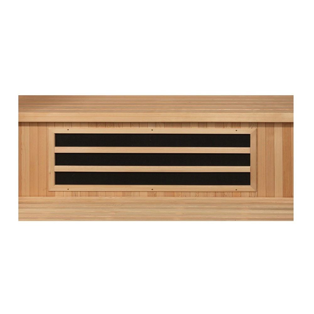 The Dynamic Barcelona Elite 1-2-person Ultra Low EMF Far Infrared Sauna is a wooden infrared sauna with a black stripe, featuring Ultra Low EMF and Far Infrared technology from Dynamic Saunas.