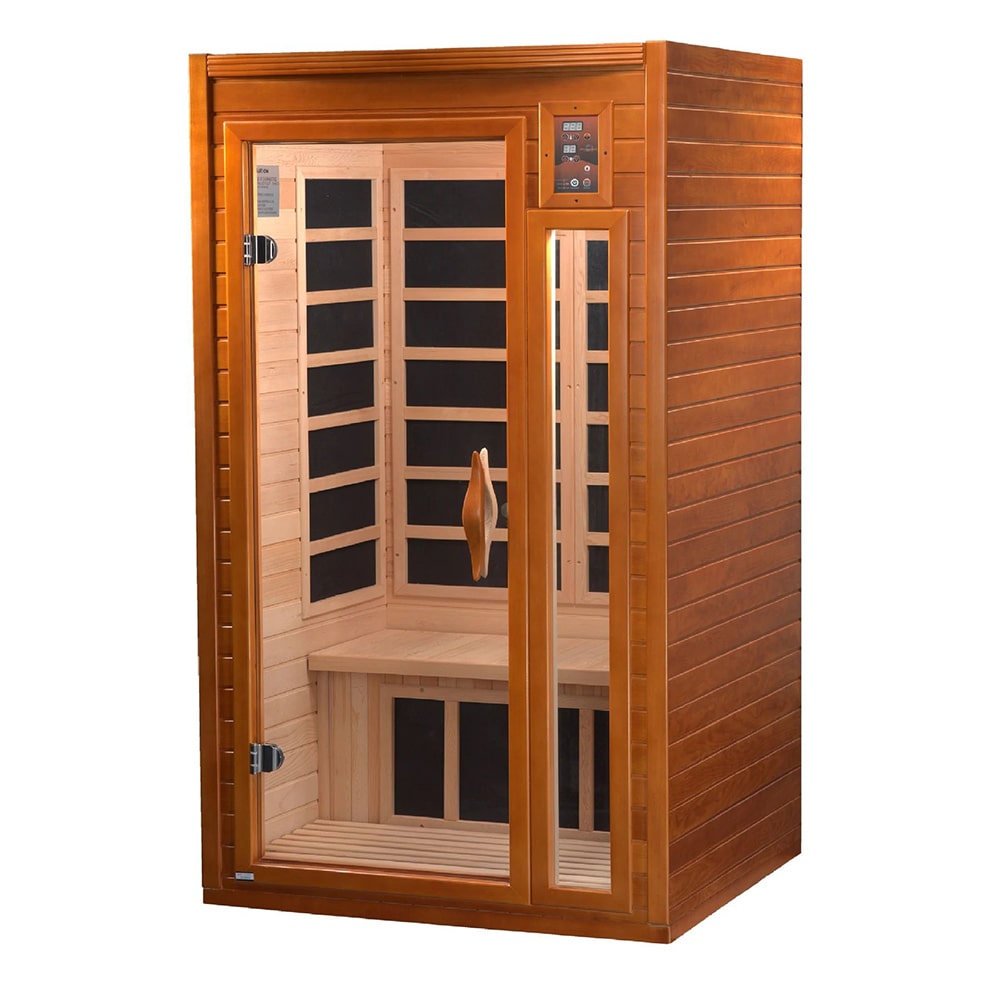 The Dynamic Barcelona Elite 1-2-person Ultra Low EMF Far Infrared Sauna, manufactured by Dynamic Saunas, features a wooden door and offers the benefits of ultra-low EMF far infrared technology.