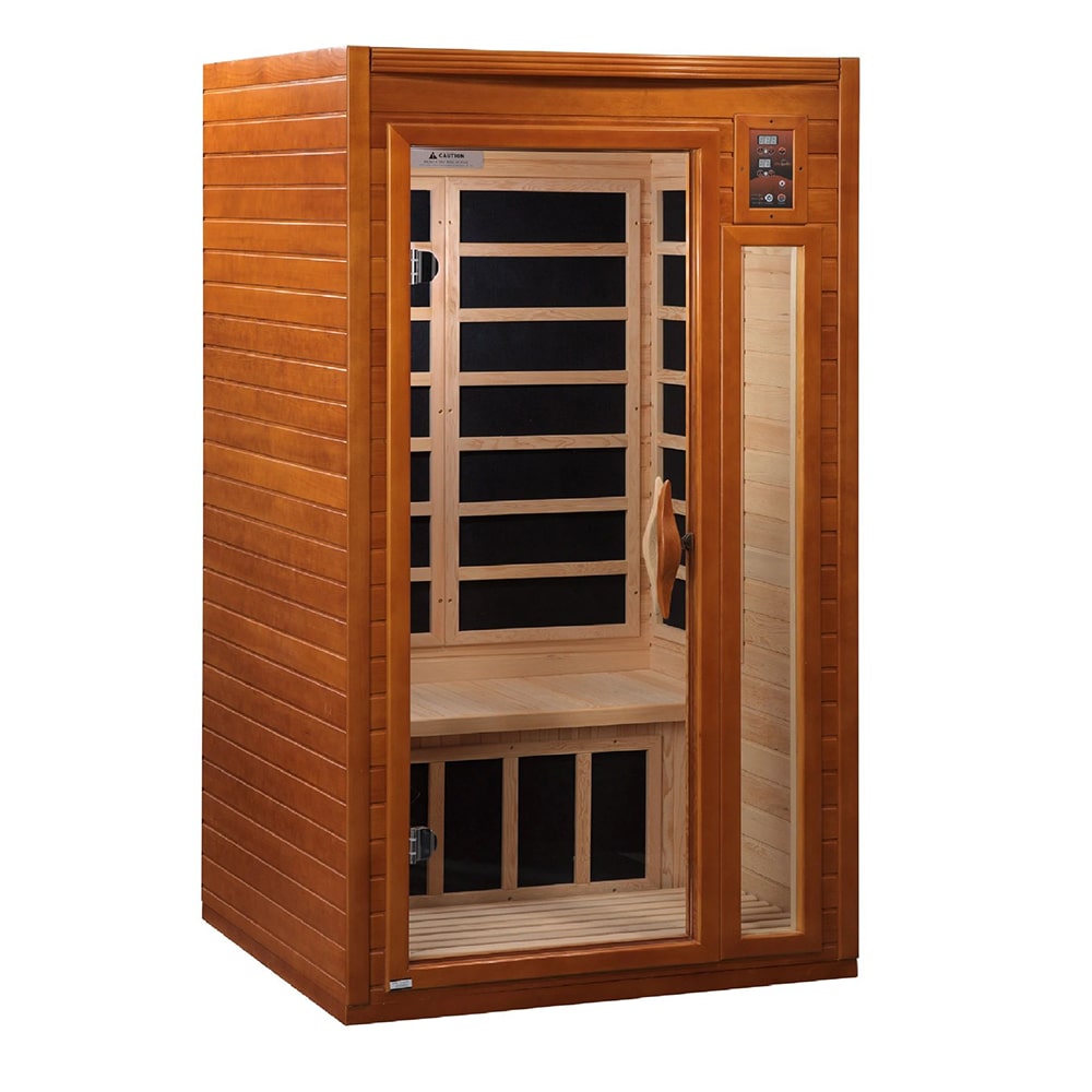 The Dynamic Barcelona Elite 1-2-person Ultra Low EMF Far Infrared Sauna with a wooden door is an ultra-low EMF far infrared sauna.