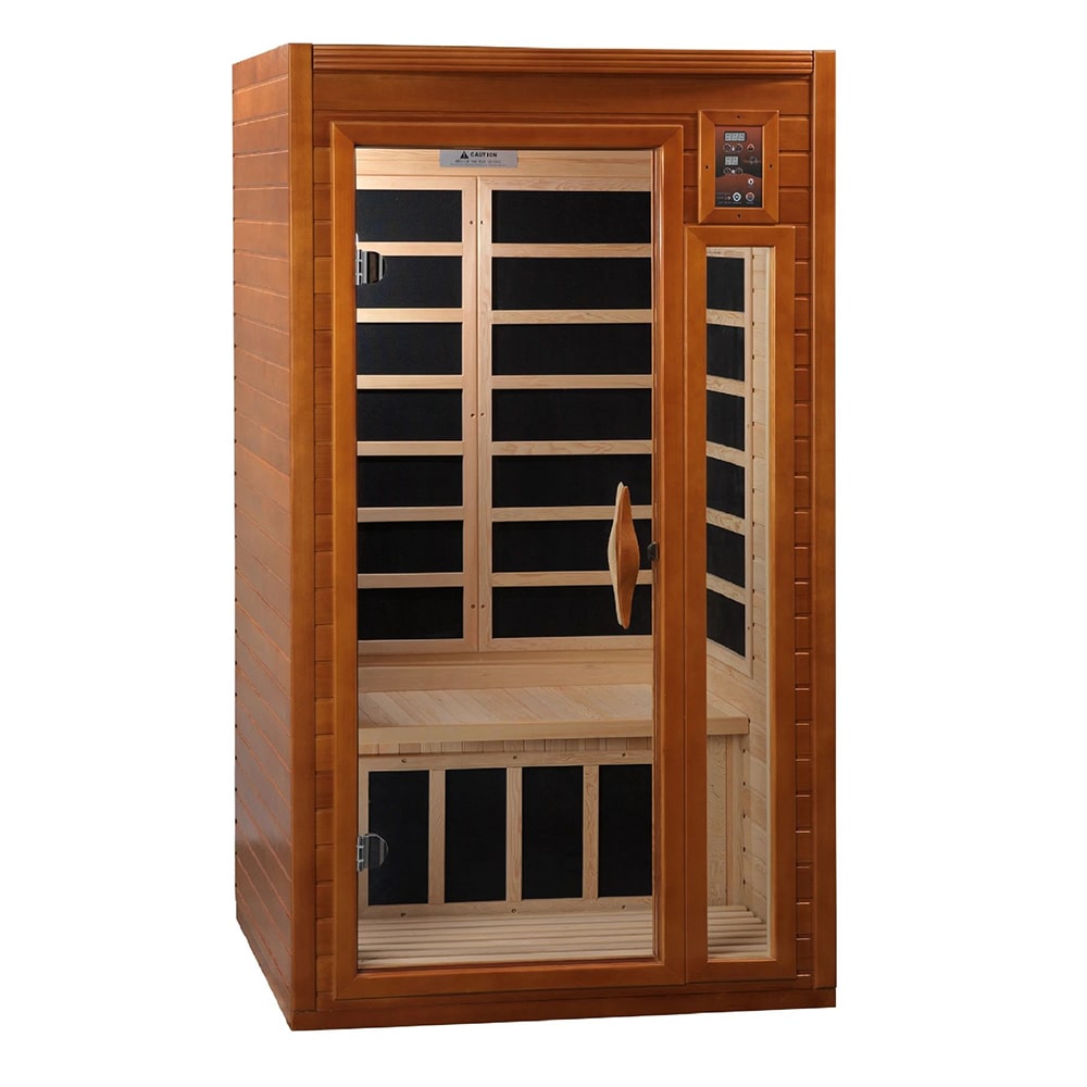 A Dynamic Barcelona Elite 1-2-person Ultra Low EMF Far Infrared Sauna with a wooden door.