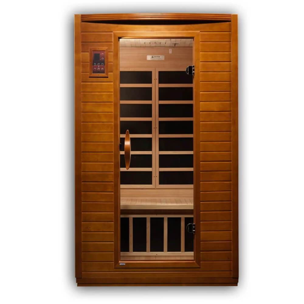 A Dynamic Versailles 2-Person Low EMF Far Infrared Sauna with a wooden door.