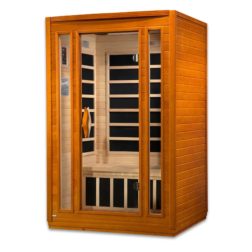 A Dynamic Saunas San Marino 2-Person Low EMF Far Infrared Sauna, featuring doors for easy access.