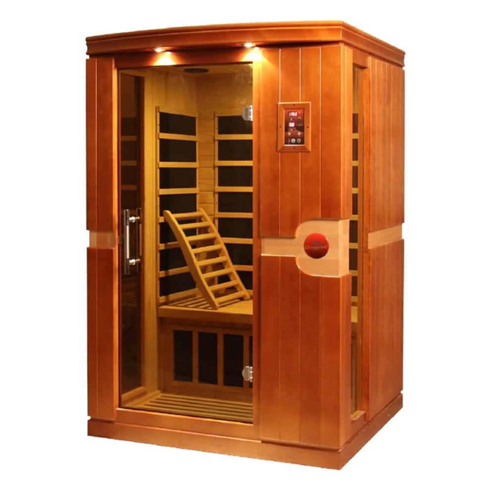 A Dynamic Venice 2-Person Low EMF Far Infrared Sauna DYN-6210-01 with a wooden seat.
