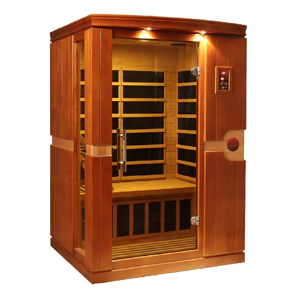 A Dynamic Sauna with low EMF levels, featuring a wooden door and utilizing far infrared technology.