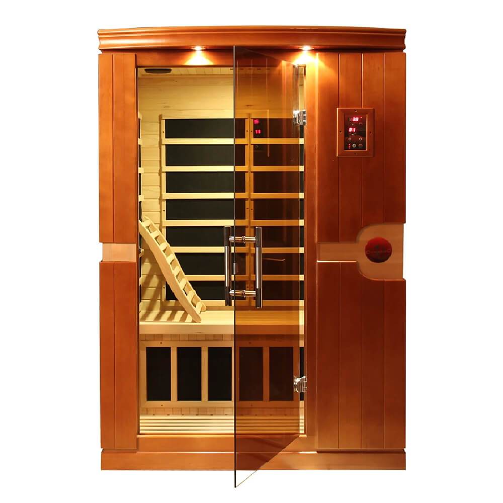 A Dynamic Venice 2-Person Low EMF Far Infrared Sauna DYN-6210-01 with glass doors, offered by Dynamic Saunas.