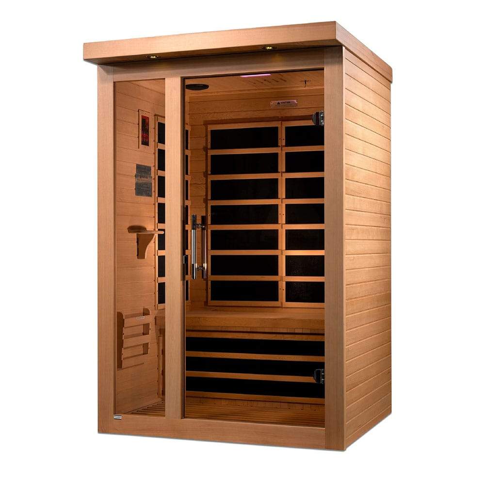 A Dynamic Saunas 2-Person Ultra Low EMF FAR Infrared Sauna DYN-6215-02 made from Canadian Hemlock Wood, featuring glass doors.