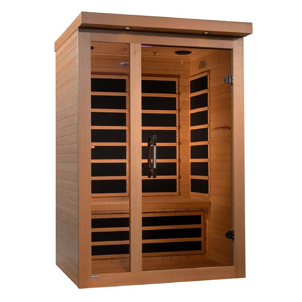 A Dynamic Saunas Hemlock Wood infrared sauna with black doors.