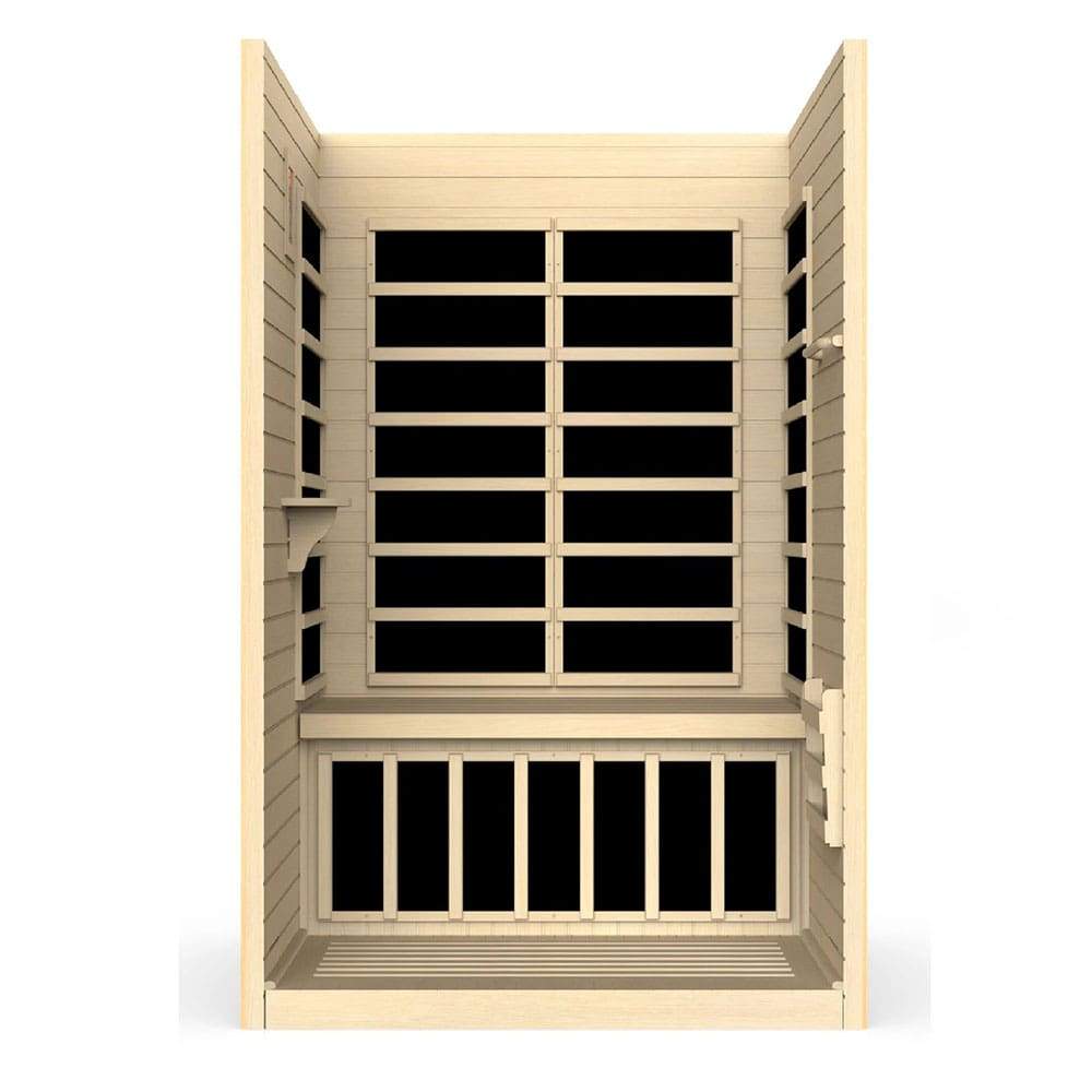 A Dynamic Saunas 2-Person Ultra Low EMF FAR infrared sauna made with Canadian Hemlock wood, featuring black windows.