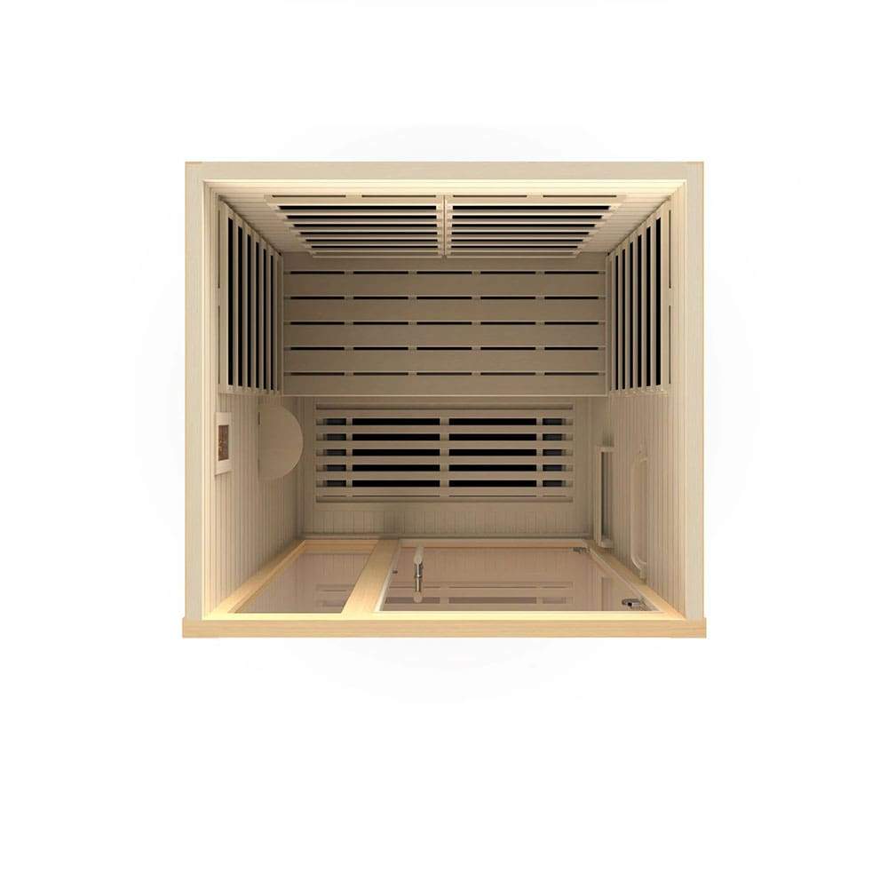 An image of a Dynamic Saunas Llumeneres 2-Person Ultra Low EMF FAR Infrared Sauna DYN-6215-02 made with Canadian Hemlock Wood on a white background.