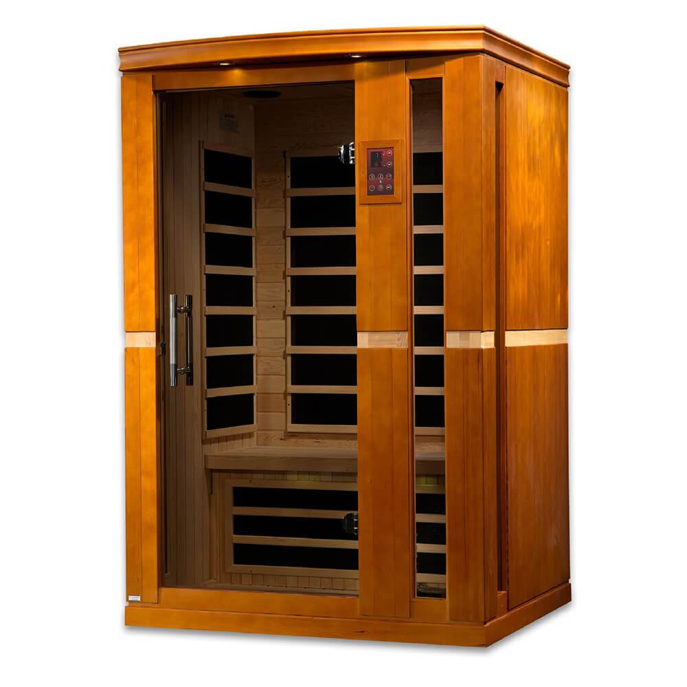 An infrared sauna by Dynamic Saunas, the Dynamic Vittoria 2-Person Low EMF Far Infrared Sauna DYN-6220-01, with two doors, made of Canadian Hemlock wood.