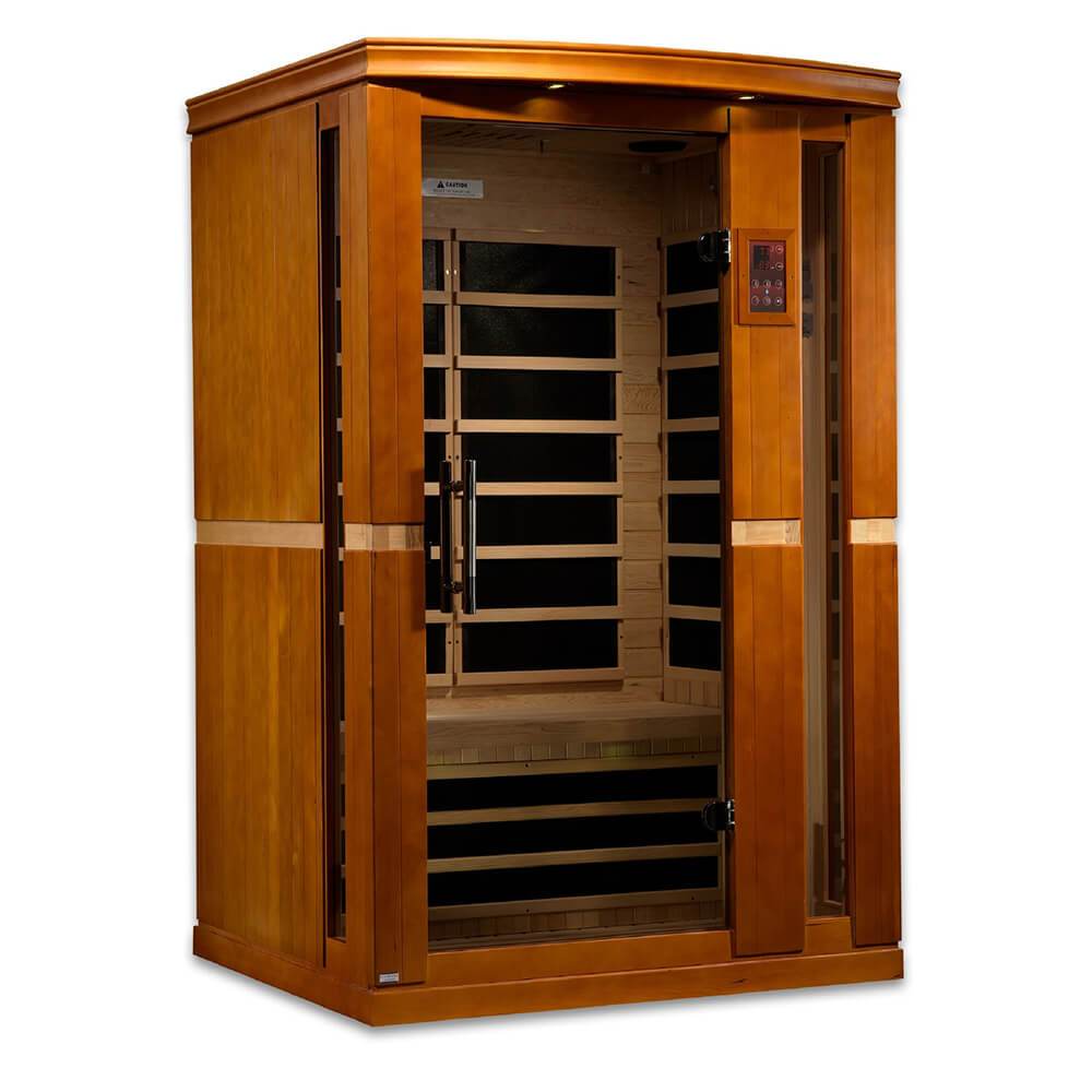 A Dynamic Saunas Vittoria 2-Person Low EMF Far Infrared Sauna DYN-6220-01 with a wooden door made from Canadian Hemlock wood.