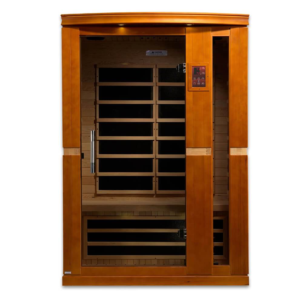 The Dynamic Vittoria 2-Person Low EMF Far Infrared Sauna, crafted from Canadian Hemlock wood, combines the therapeutic benefits of dynamic saunas with the elegance of a wooden door.