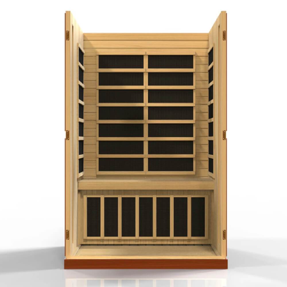 The Dynamic Vittoria 2-Person Low EMF Far Infrared Sauna DYN-6220-01 from Dynamic Saunas features a wooden door made of Canadian Hemlock wood.