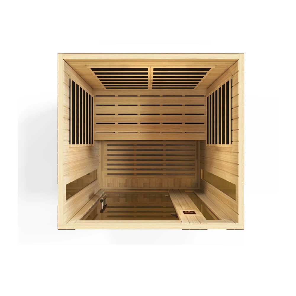 A Dynamic Vittoria 2-Person Low EMF Far Infrared Sauna made of Canadian Hemlock wood on a white background.