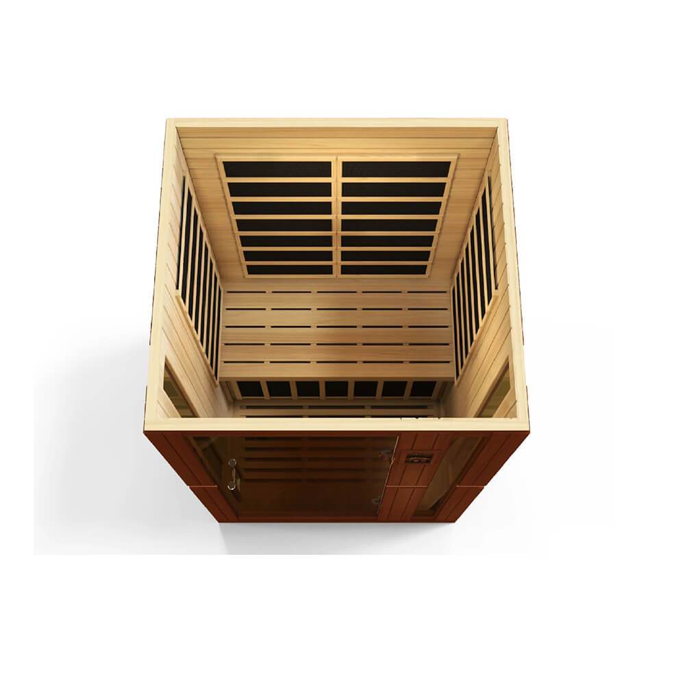 The Dynamic Vittoria 2-Person Low EMF Far Infrared Sauna DYN-6220-01 by Dynamic Saunas is a dynamic wooden box that features Canadian Hemlock wood construction and comes equipped with an infrared sauna.