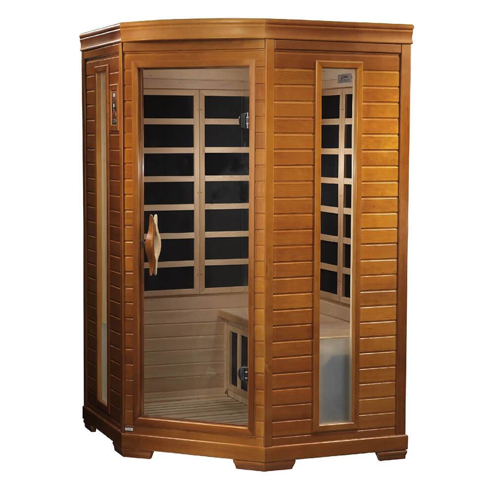 A Dynamic Saunas wooden infrared sauna with glass doors, providing the benefits of far infrared heat and low EMF levels.