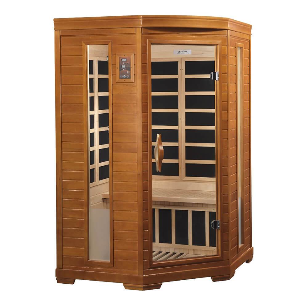 A Dynamic Saunas Hemming 2-Person Low EMF Far Infrared Sauna, made of wood and featuring doors.