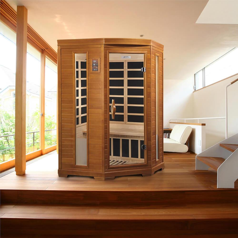 A Dynamic Hemming 2-Person Low EMF Far Infrared Sauna by Dynamic Saunas in a living room.