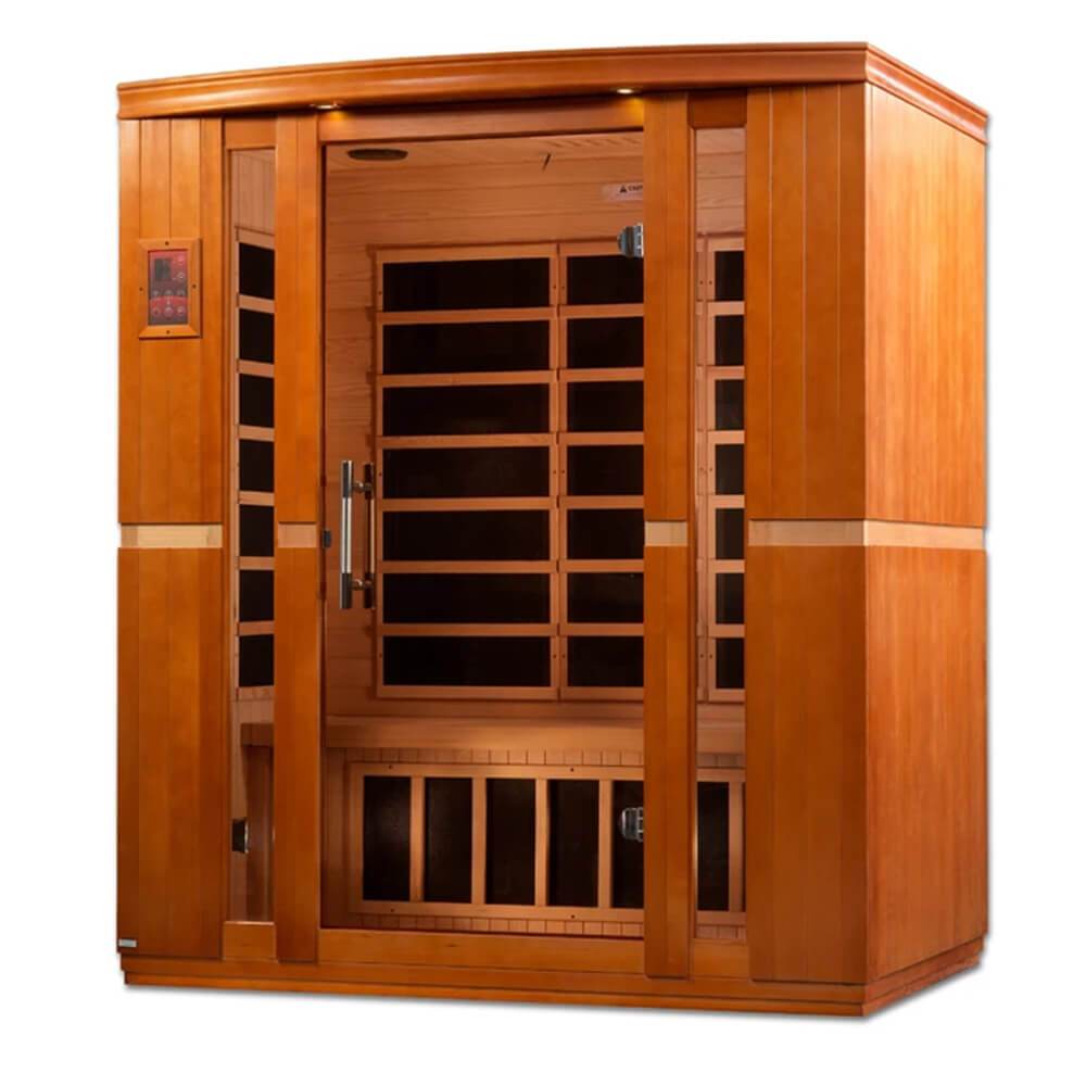 A Dynamic Saunas Bellagio wooden infrared sauna with glass doors, offering low EMF and far-infrared benefits.
