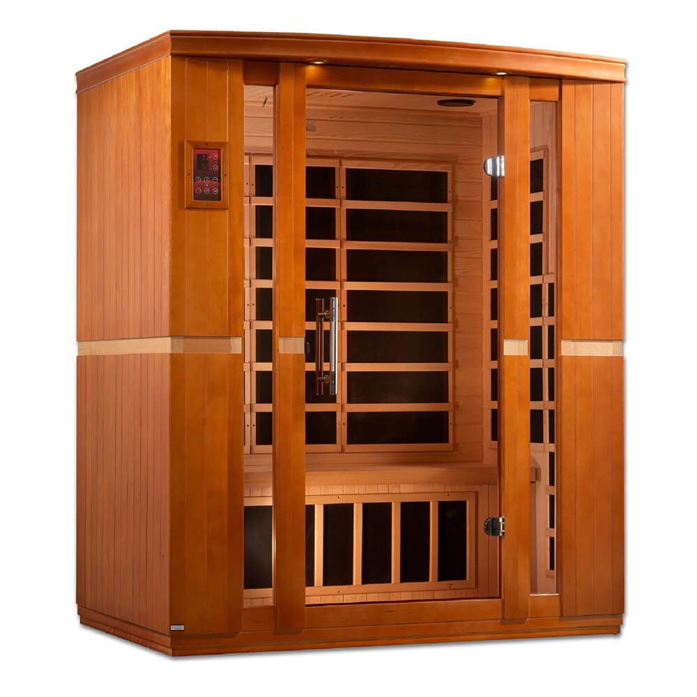 A Dynamic Bellagio 3-Person Low EMF Far Infrared Sauna with glass doors.
