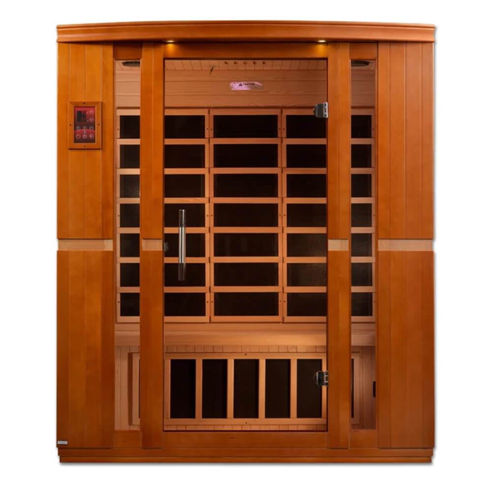 An Dynamic Bellagio 3-Person Low EMF Far Infrared Sauna with glass doors, designed by Dynamic Saunas.