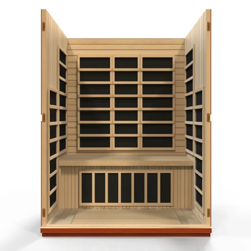 A Dynamic Bellagio 3-Person Low EMF Far Infrared Sauna with doors open.