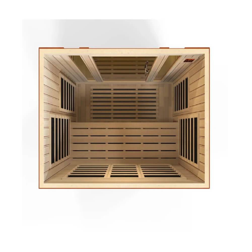 A Dynamic Bellagio 3-Person Low EMF Far Infrared Sauna by Dynamic Saunas on a white background.