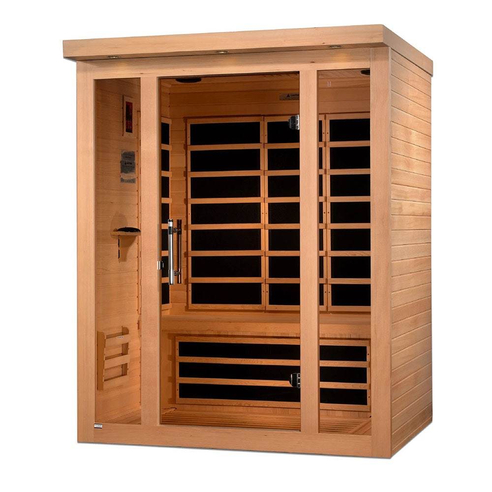 The Dynamic Vila 3-Person Ultra Low EMF FAR Infrared Sauna DYN-6315-02 features a wooden design with black doors and advanced heating technology.