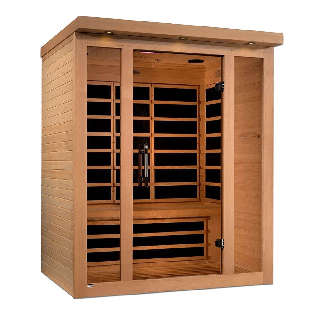 The Dynamic Vila 3-Person Ultra Low EMF FAR Infrared Sauna DYN-6315-02 by Dynamic Saunas features advanced heating technology and two doors.