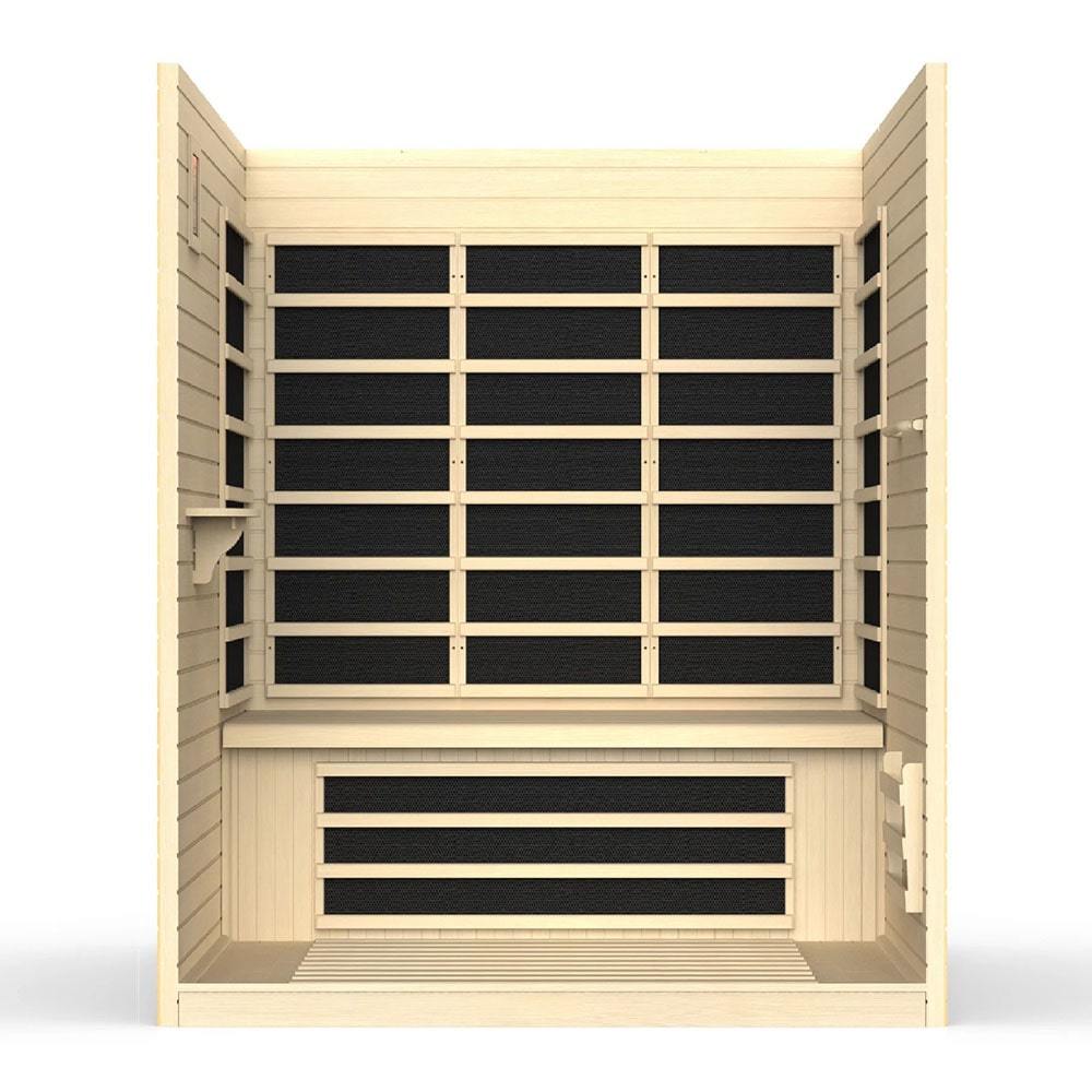 The Dynamic Vila 3-Person Ultra Low EMF FAR Infrared Sauna DYN-6315-02 from Dynamic Saunas features black and white panels, providing a sleek and modern design. It utilizes Ultra Low EMF FAR Infrared heating.