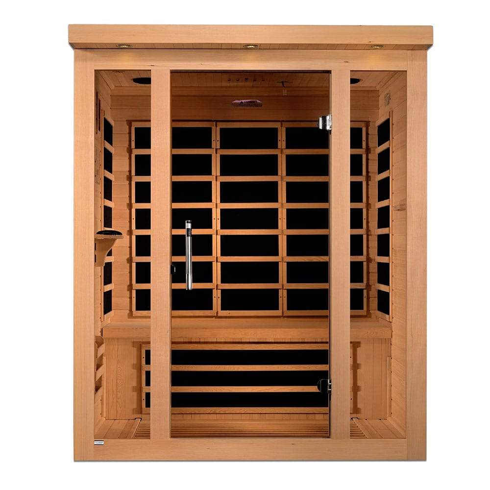 The Dynamic Vila 3-Person Ultra Low EMF FAR Infrared Sauna DYN-6315-02 by Dynamic Saunas is made of wood and features black doors. It utilizes Ultra Low EMF FAR Infrared heating technology.