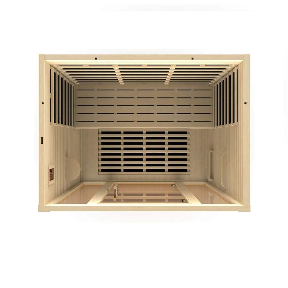 An Ultra Low EMF FAR Infrared sauna called Dynamic Vila 3-Person Ultra Low EMF FAR Infrared Sauna DYN-6315-02, featuring advanced heating technology, designed with a door, enclosed within a white box