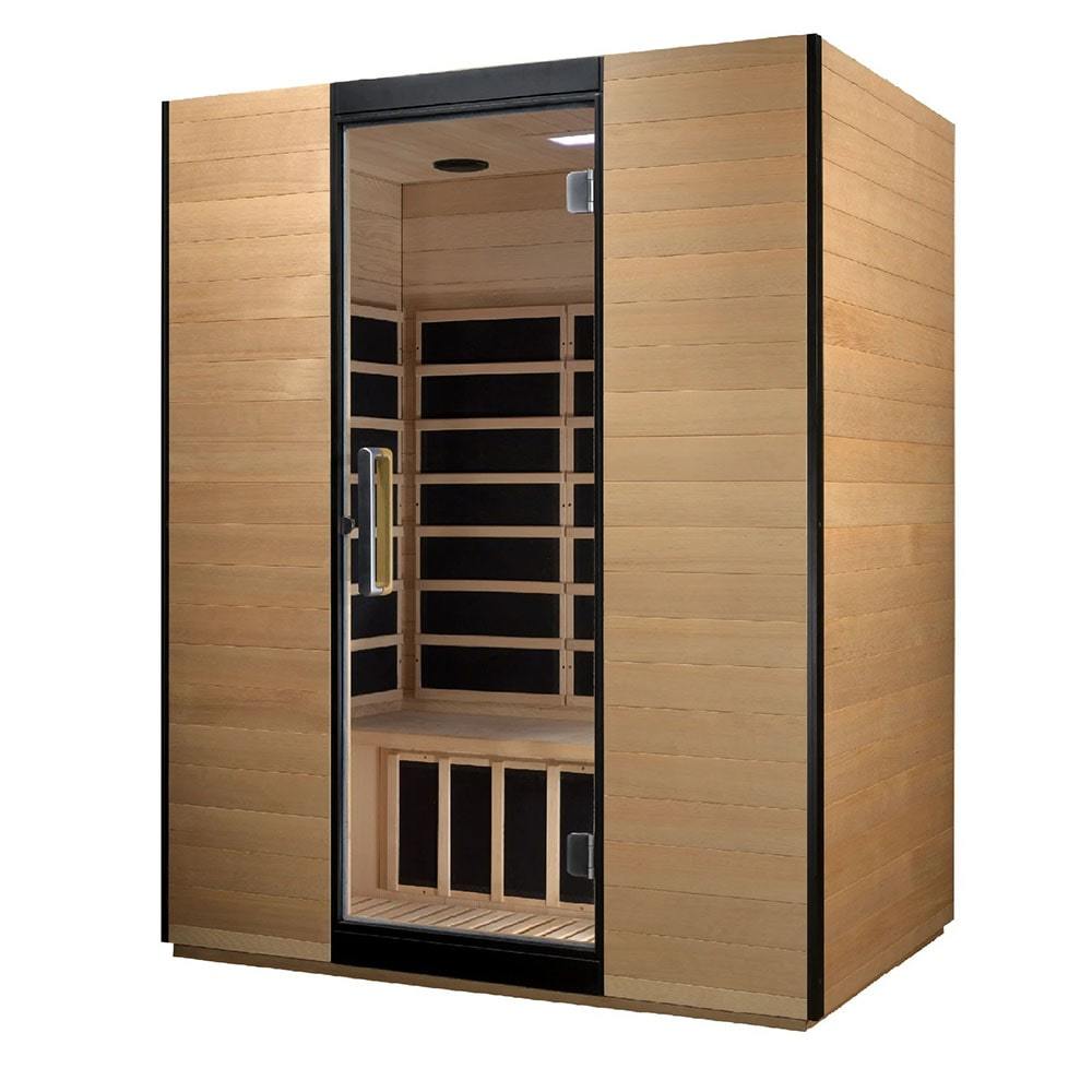 A Dynamic Valencia 3-Person Ultra Low EMF FAR Infrared Sauna made with dynamic Canadian Hemlock and featuring a wooden door.