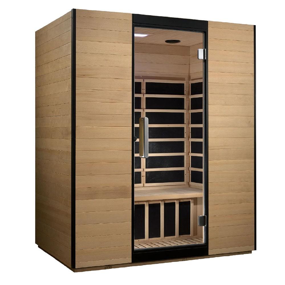 A Dynamic Saunas Valencia 3-Person Ultra Low EMF FAR Infrared Sauna with a wooden door, designed to emit FAR infrared waves while maintaining low EMF levels.