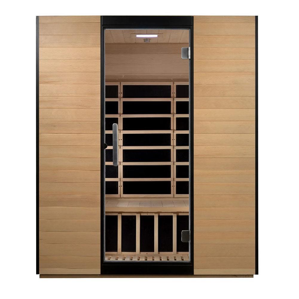 A Dynamic Saunas Valencia 3-Person Ultra Low EMF FAR Infrared Sauna with a wooden door.