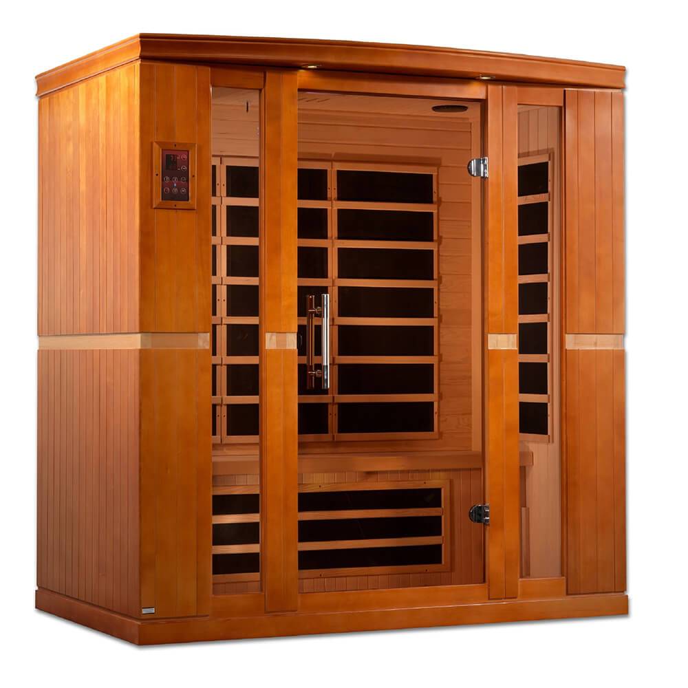 A Dynamic Bergamo 4-Person Low EMF Far Infrared Sauna made of Canadian Hemlock with doors, manufactured by Dynamic Saunas.