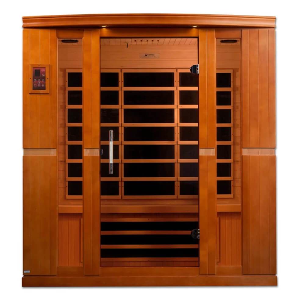 A Dynamic Bergamo 4-Person Low EMF Far Infrared Sauna made with Canadian Hemlock wood, featuring dynamic doors.