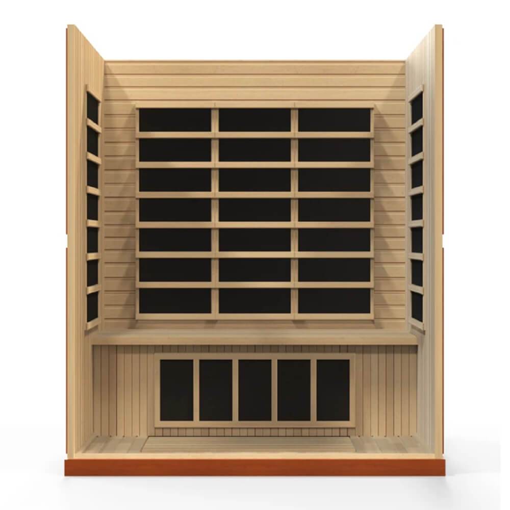A Dynamic Bergamo 4-Person Low EMF Far Infrared Sauna made with Canadian Hemlock wood, featuring a wooden door.