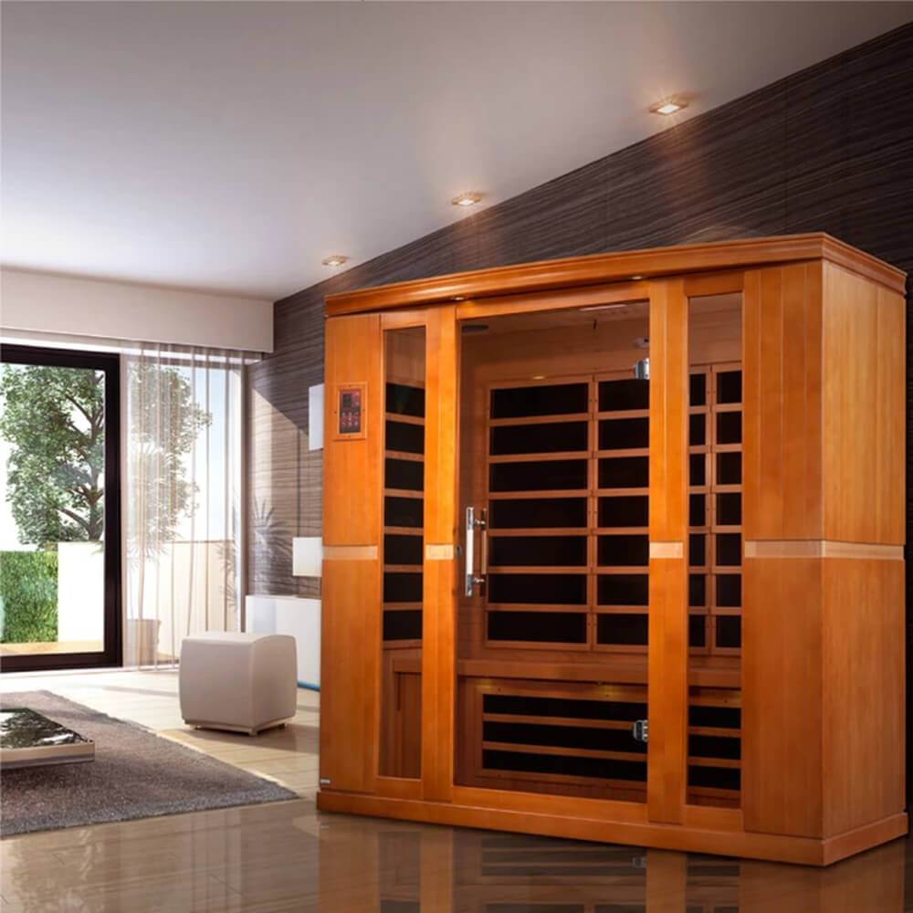 A Dynamic Bergamo 4-Person Low EMF Far Infrared Sauna made of Canadian Hemlock in a living room.