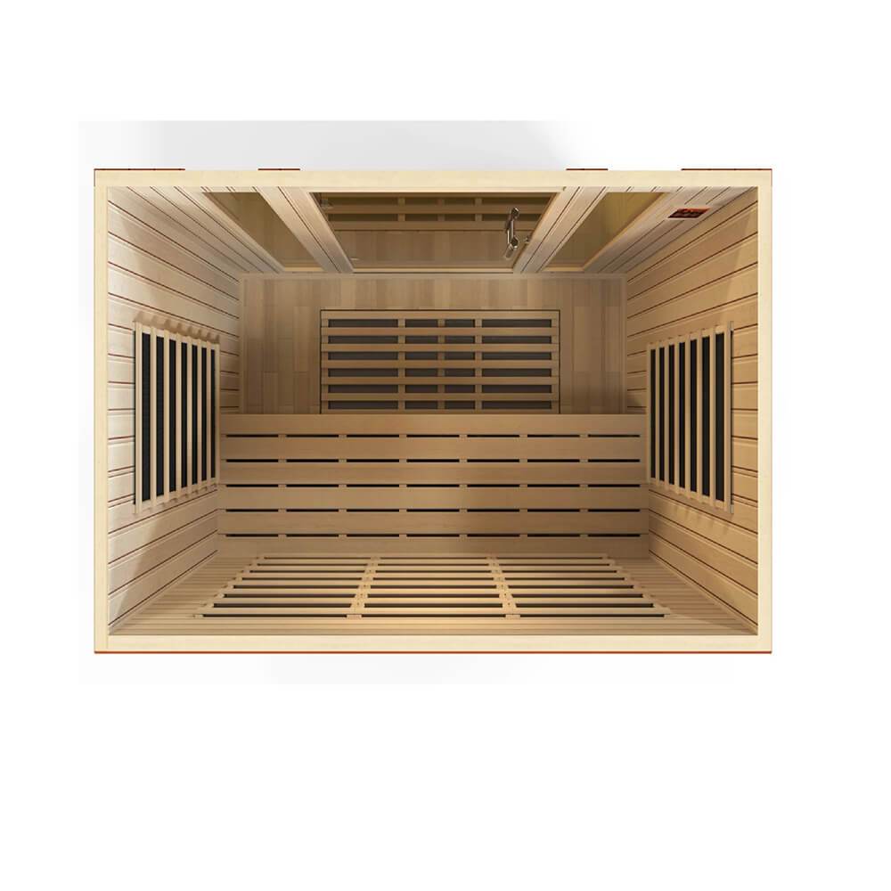 Step inside a cozy Dynamic Bergamo 4-Person Low EMF Far Infrared Sauna made from exquisite Canadian Hemlock in the renowned Dynamic Saunas brand.