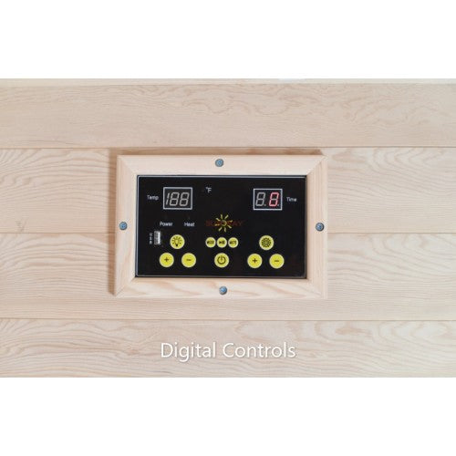 A SunRay Saunas infrared sauna digital control panel on a wooden wall.