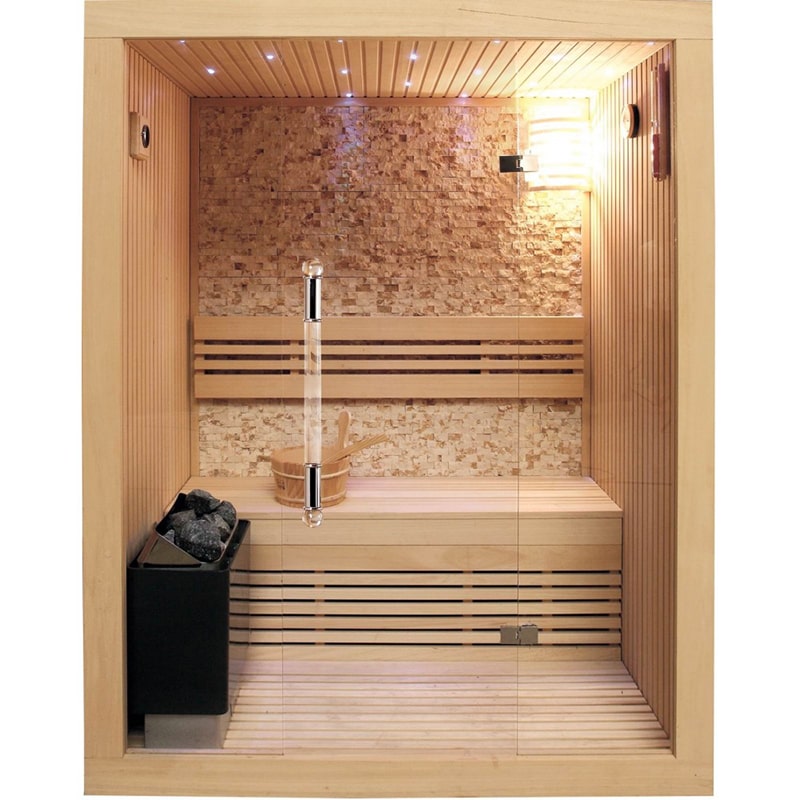 The SunRay Rockledge 2 Person Traditional Sauna 200LX is a traditional sauna equipped with an infrared heating system, featuring a stylish glass door.