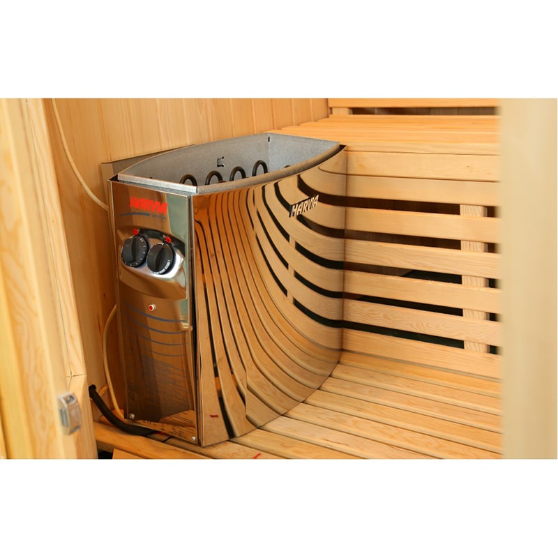 A SunRay Rockledge 2 Person Traditional Sauna 200LX in a wooden room with the keywords "traditional sauna" and "SunRay Saunas".