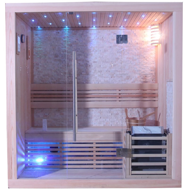 A SunRay Westlake 3 Person Traditional Sauna 300LX with a glass door.